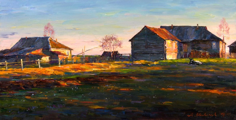 Вечерний пейзаж с телёнком