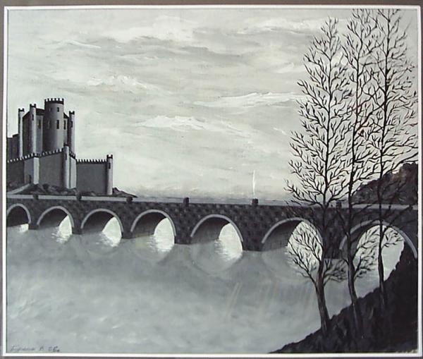 Вид  на  замок  с  мостом.  Графика.