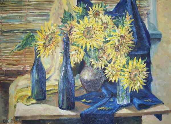 Подсолнухи на синем