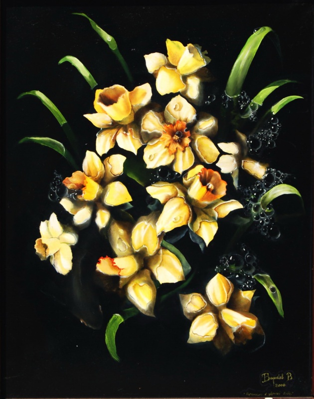 Нарциссы в чёрной воде с рыбой