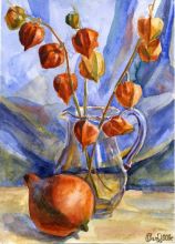 Натюрморт с маленькой тыквой и физалисами.