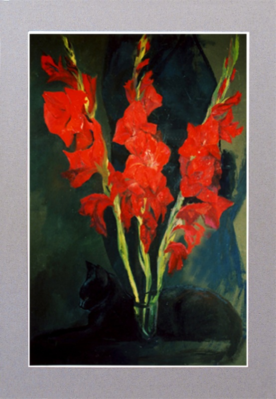 Алые гладиолусы и маленькая чёрная пантера. ...