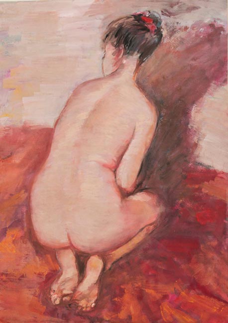 Девушка на красном покрывале