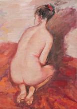 Девушка на красном покрывале