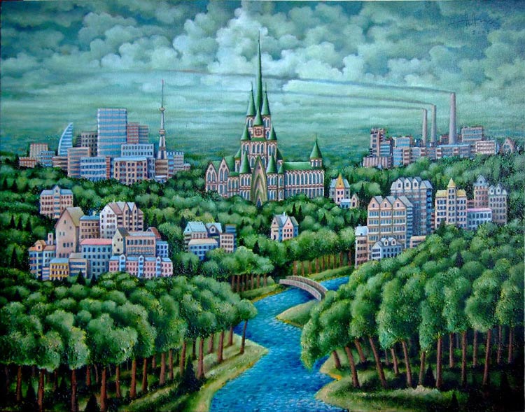 The city in the wood when the cloudy weather.