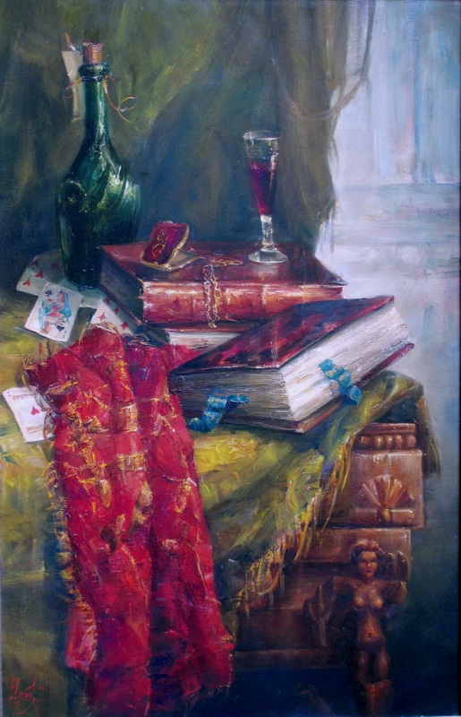 Натюрморт с бокалом вина и книгами