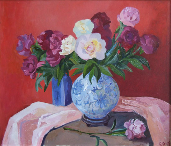 Пионы на красном фоне