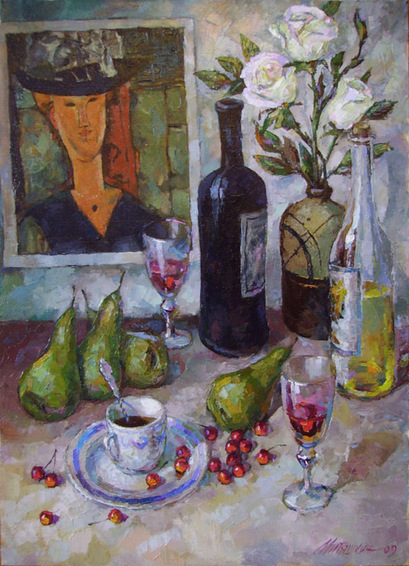 Натюрморт с черной бутылкой.